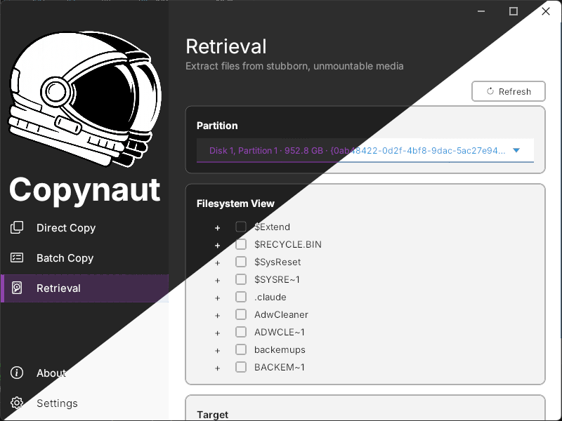 Screenshot of Copynaut, showing light and dark mode in split view